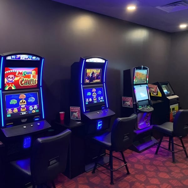 Three brightly lit arcade games with bar stools in a dark room at The Rush Bar & Grill.